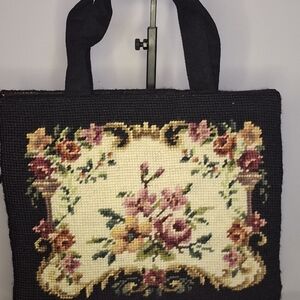Vintage Black Floral Tapestry Tote